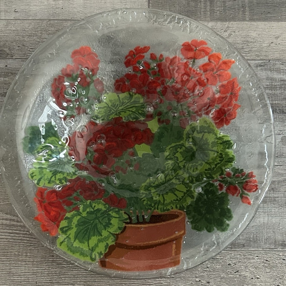 Peggy Karr Fused Glass Bowl Red Geranium Floral‎ 10-7/8” Signed Cottage Decor
